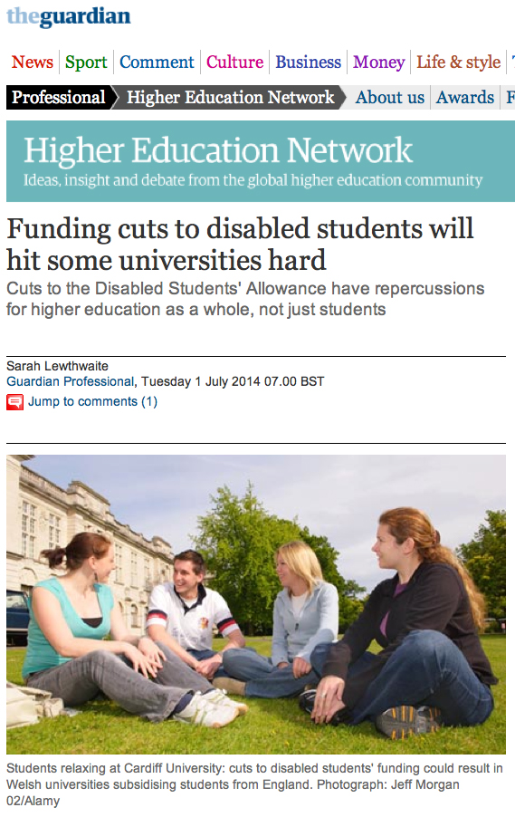 Image of Guardian article on institutional impact of cuts to DSAs